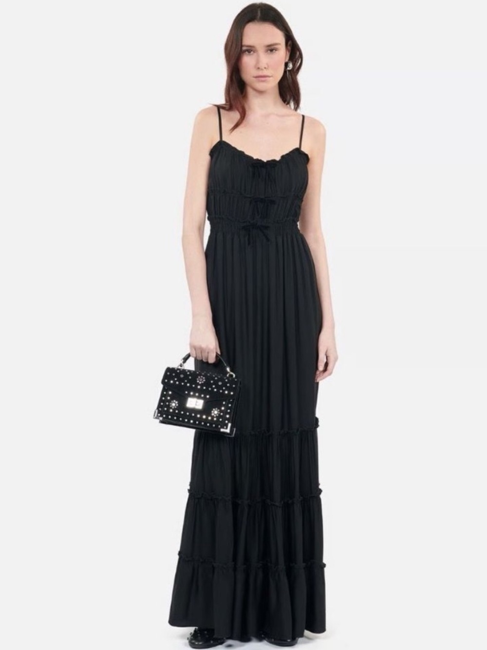 The Kooples Shirred Velvet Bow Long Maxi Dress NWT Size FR 0, US XS - Picture 2 of 9